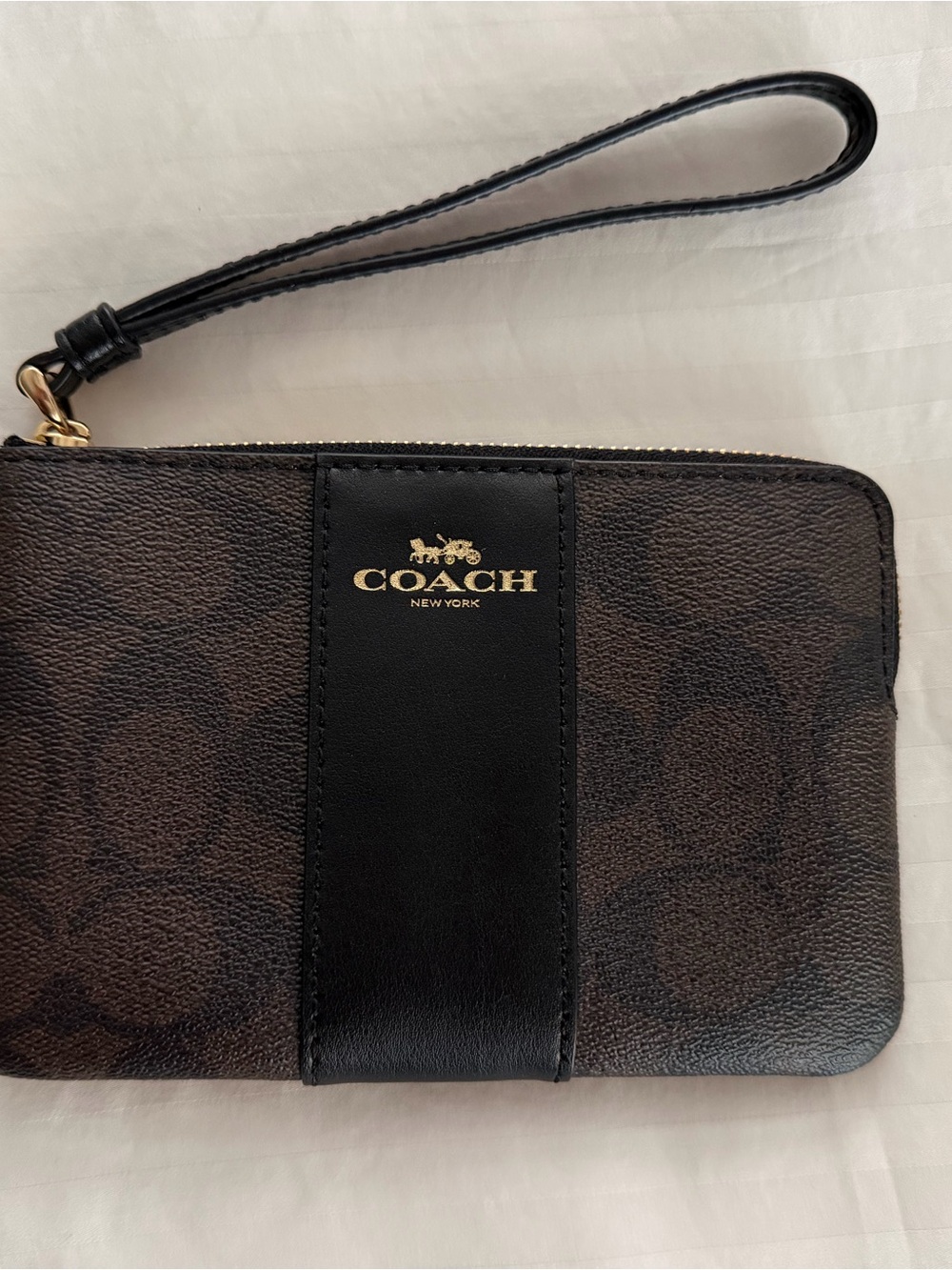 Coach Brown Signature Canvas Wristlet with Black Leather Trim